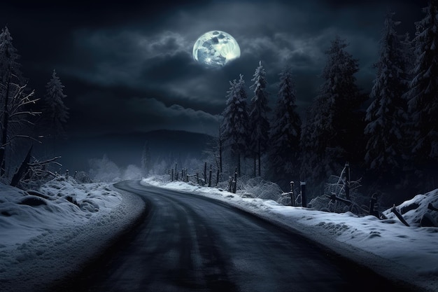 a dark road with a full moon in the sky