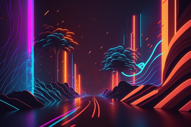 A dark road with a neon light and palm trees on the left side.