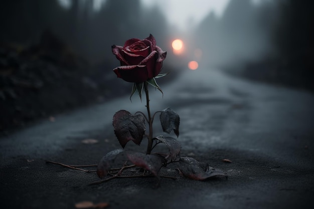 A dark road with a red rose in the middle