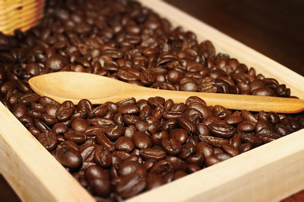 Foto chicco di caffè tostato scuro in vassoio di legno con un cucchiaio di legno, per la pubblicità.