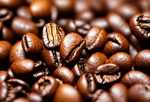 어두운 볶은 신선한 커피 콩 배경 상위 뷰 커피 콩의 질량을 닫습니다
