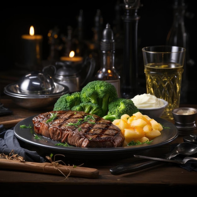 Photo dark and romantic image of steak and broccoli on a table