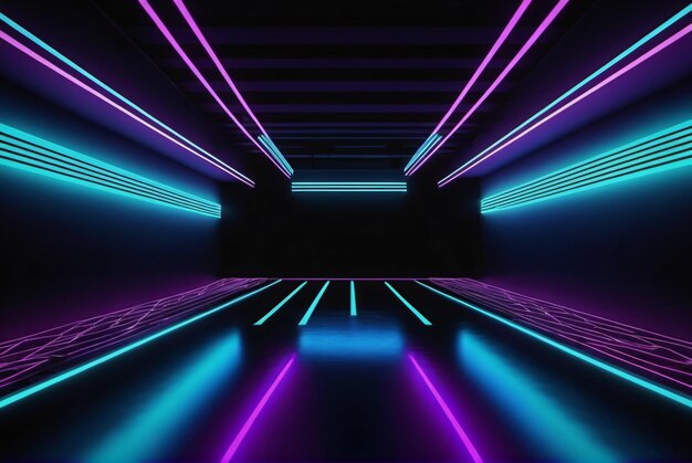 Dark room background with geometric neon lights