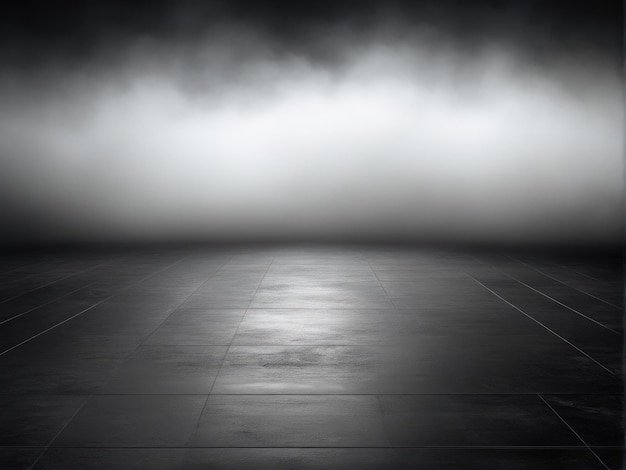 Dark room concrete floor. Black room or stage background for product placement. Panoramic view of the abstract fog.