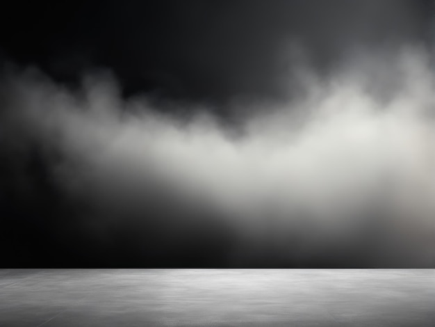 Foto pavimento in cemento della stanza buia. sala nera o sfondo del palco per il posizionamento del prodotto. vista panoramica della nebbia astratta.