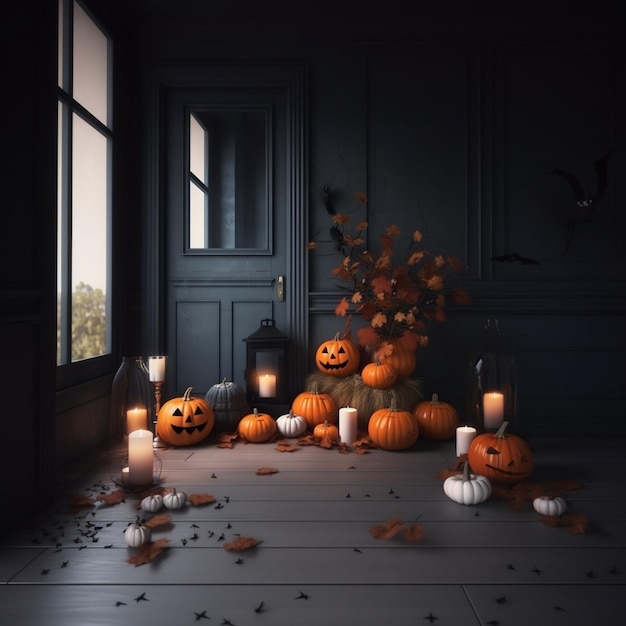 Темная комната украшена свечами и тыквами. Празднование Хэллоуина.