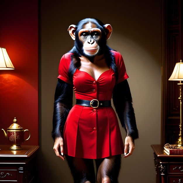 Photo in the dark room a lady anthropomorphic chimpanzee is standing in a red dress she has a kind face