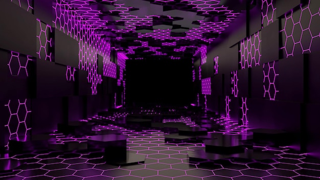 Dark room modern scifi with neon lights 3D rendering