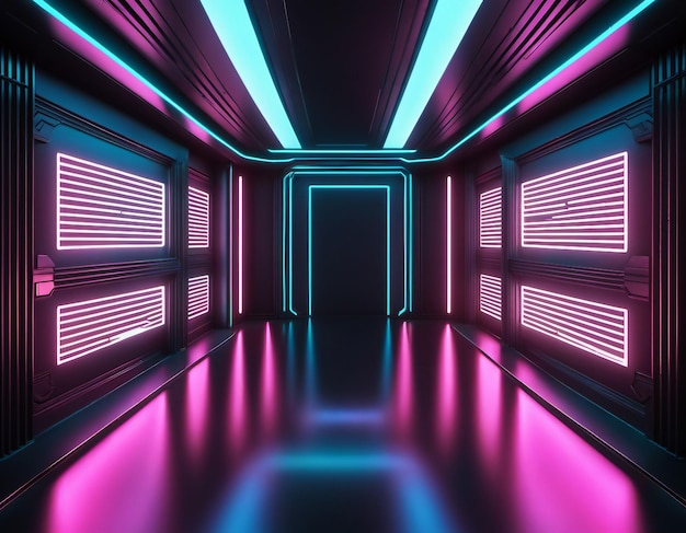 Dark room science fiction background neon