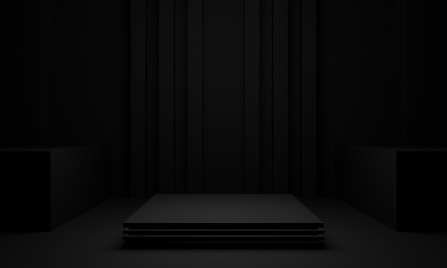 Dark room stage. Black stand. 3D rendering.