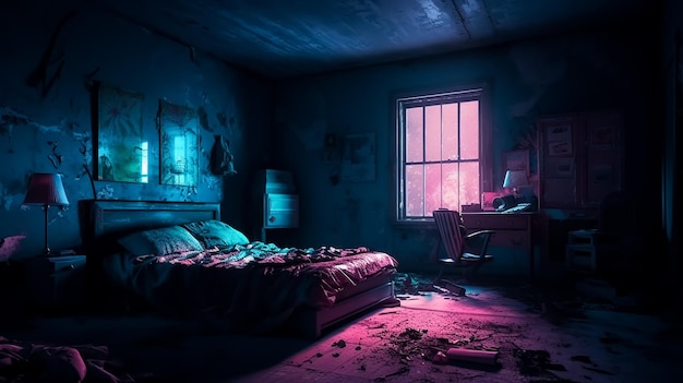 A dark room with a bed and a desk in the corner