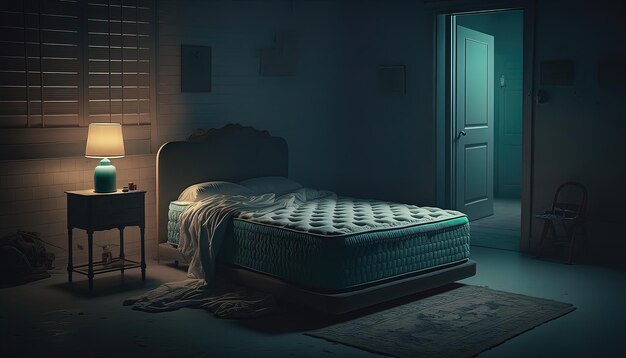 A dark room with a bed and a lamp on the floor.