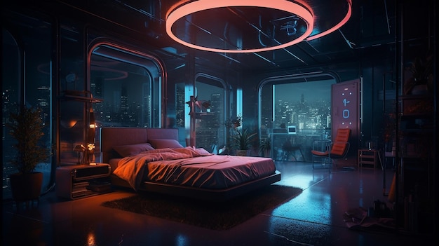 Photo a dark room with a bed and a large red light that says'cyberpunk'on it