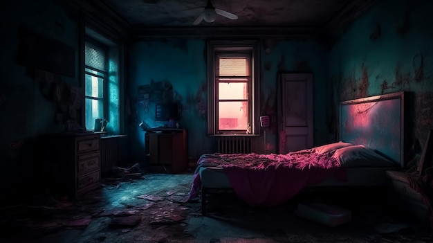 A dark room with a bed and a window that says'the dark side '