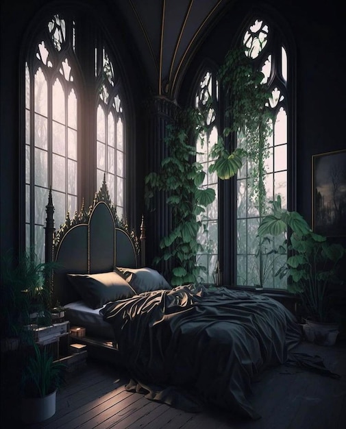 A dark room with a bed and a window with a plant on it.