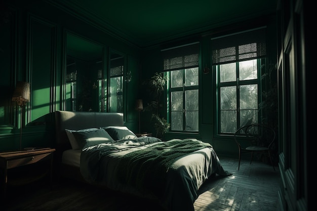 A dark room with a bed and a window with the sun shining through it.