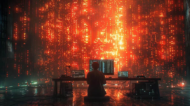 공중에서 흐르는 이진 코드와 데이터가 있는 어두운 방, 장면의 중앙에 있는 테이블 위에 있는 컴퓨터 스크린, 책상에 앉아있는 사람이 미래의 스타일로 카메라를 바라보고 있다.