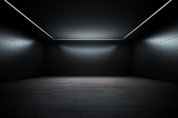 a dark room with a black wall and a light on the ceiling