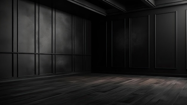 A dark room with black walls and wooden floor