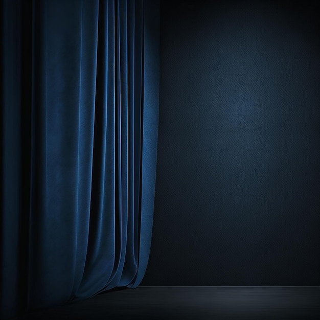 A dark room with a blue curtain that says'the word " on it.
