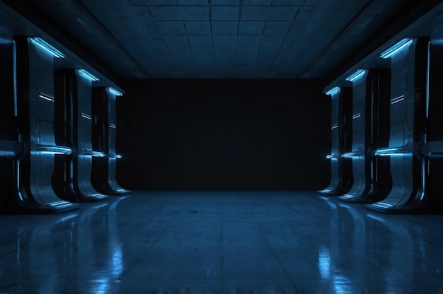 a dark room with a blue light on the bottom of it