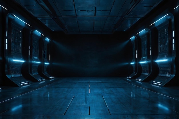 a dark room with a blue light on the ceiling