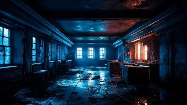 Темная комната с синим светом, который освещен синим цветом
