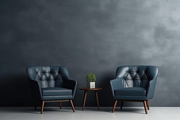 파란색 네이비 의자를 가진 어두운 방 현대적인 인테리어 디자인 모 ⁇  회색 벽 배경 모 ⁇ 