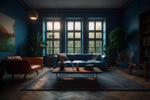 A dark room with a blue sofa and a blue couch.