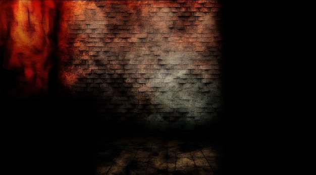 A dark room with a brick wall and smoke