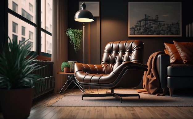 A dark room with a brown leather chair and a radiator.