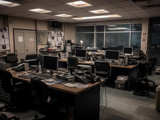 A dark room with a bunch of computers on the wall and a sign that says'the office is open '