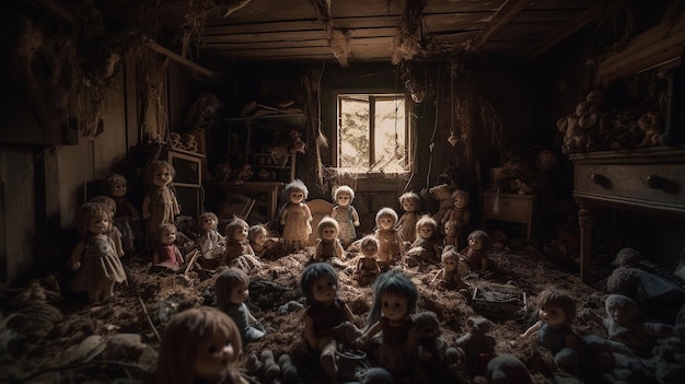 A dark room with a bunch of dolls in the middle of it.