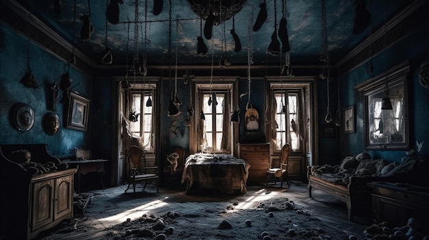 A dark room with a bunch of hanging skulls hanging from the ceiling.