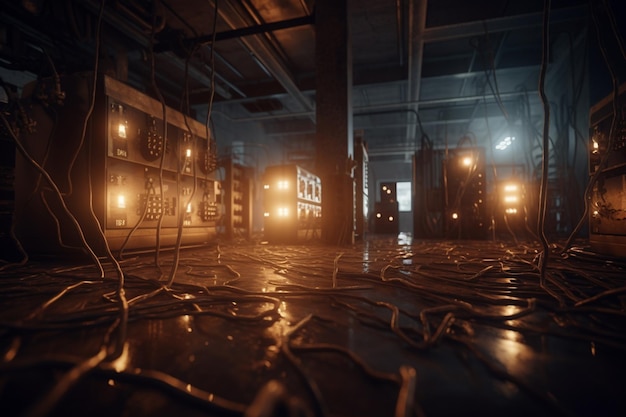 A dark room with a bunch of lights and a bunch of wires on the floor.