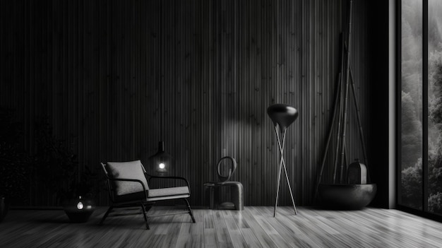 A dark room with a chair and lamp in the corner.