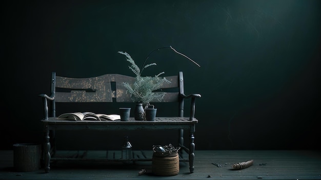 Photo a dark room with a chair and a plant on the floor.