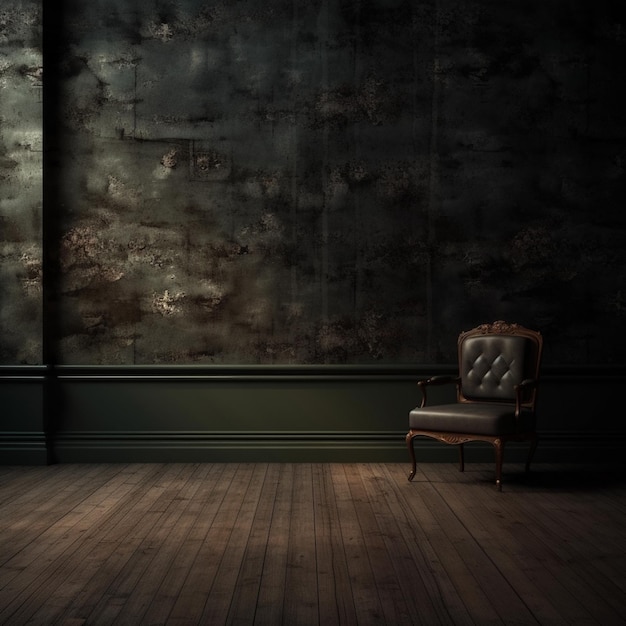 Photo a dark room with a chair and a wall with the words 