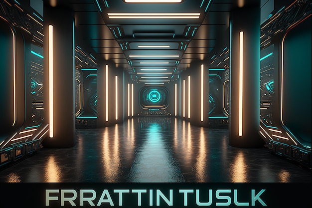 A dark room with columns and lights that say fractain tusk.