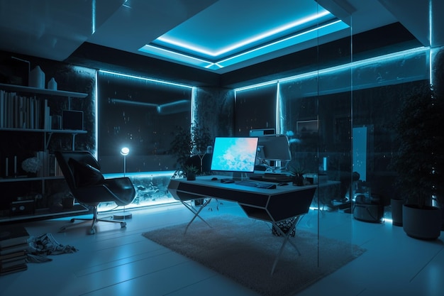 A dark room with a computer desk and a monitor that says'game room '