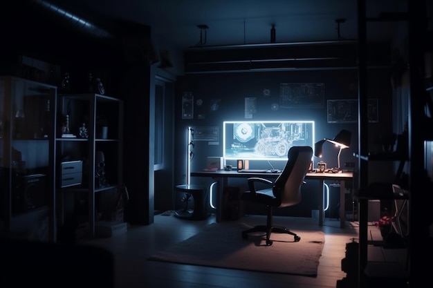 A dark room with a computer monitor that says'the game'on it