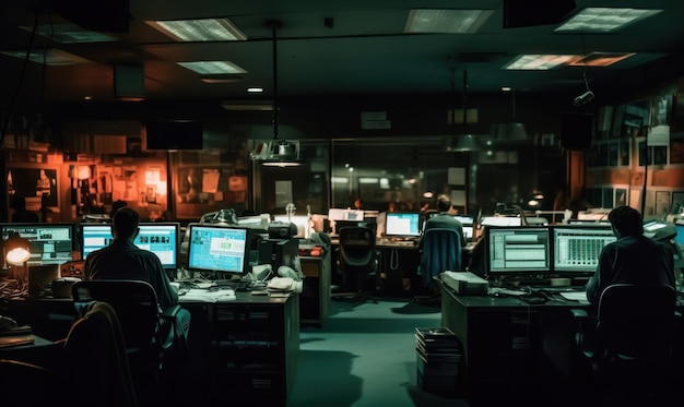 A dark room with a computer and monitors on the desks.