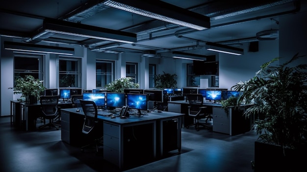 A dark room with computers and a sign that says'cyber security '