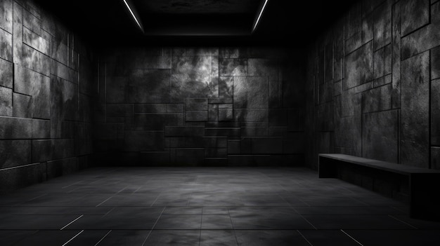 A dark room with a concrete floor and a bench