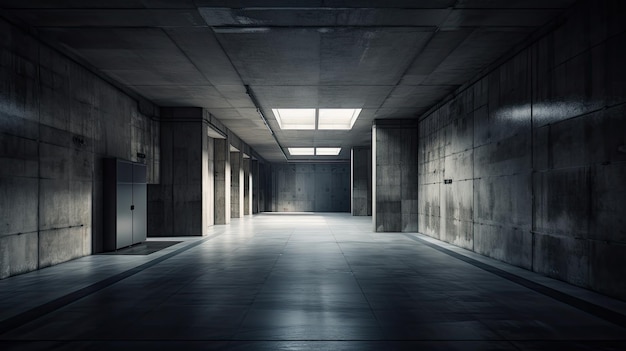 콘크리트 바닥과 천장의 조명이 있는 어두운 방.