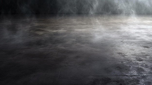 a dark room with a concrete floor and a light coming from the ceiling