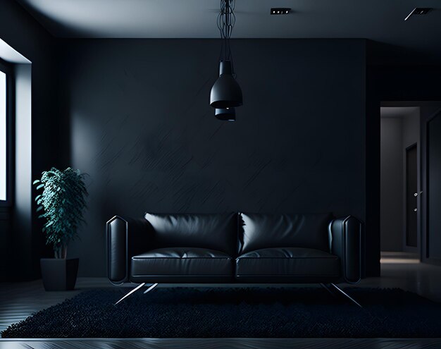 A dark room with a couch and a plant in the corner.