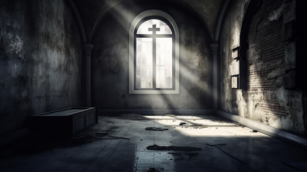 a dark room with a cross on the window