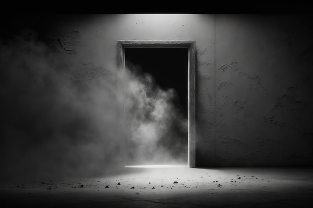 Photo a dark room with a dark door and smoke coming out of it.