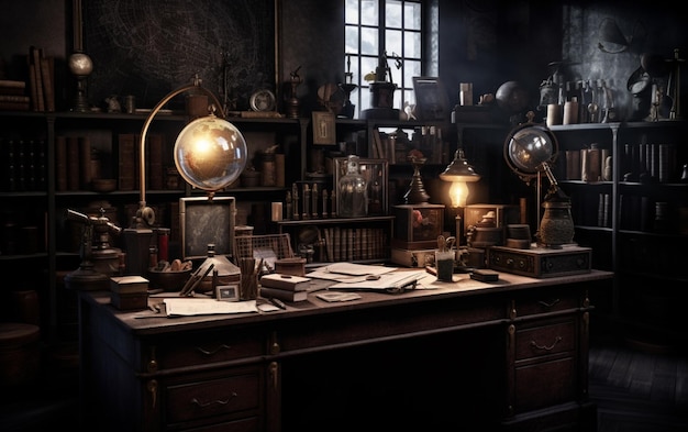 A dark room with a desk and a lamp that says'the word lab '